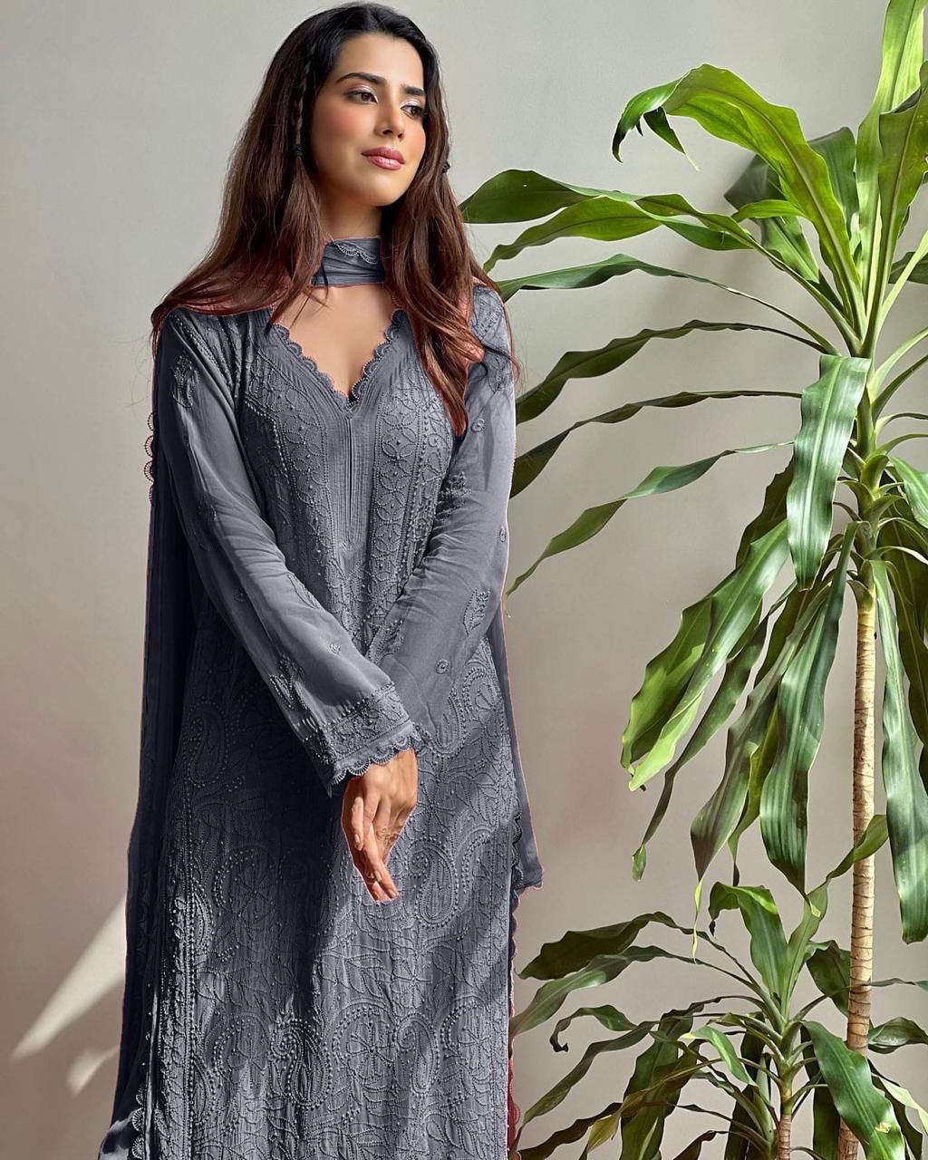 Georgette Chikankari Embroidery Kurta With Pant And Dupatta For Women
