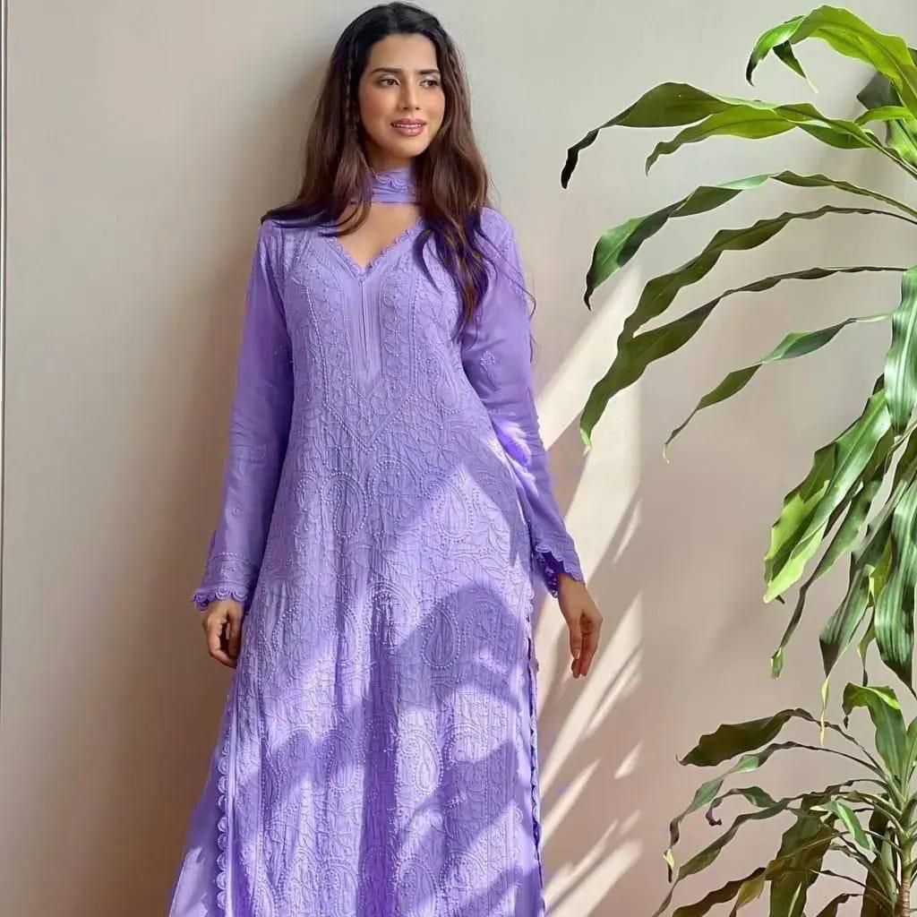 Georgette Chikankari Embroidery Kurta With Pant And Dupatta For Women