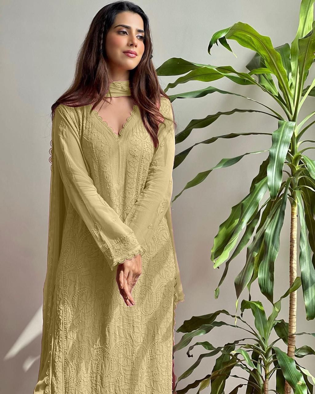 Georgette Chikankari Embroidery Kurta With Pant And Dupatta For Women