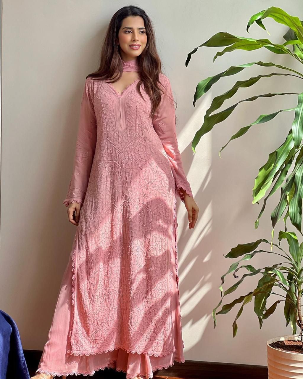 Georgette Chikankari Embroidery Kurta With Pant And Dupatta For Women