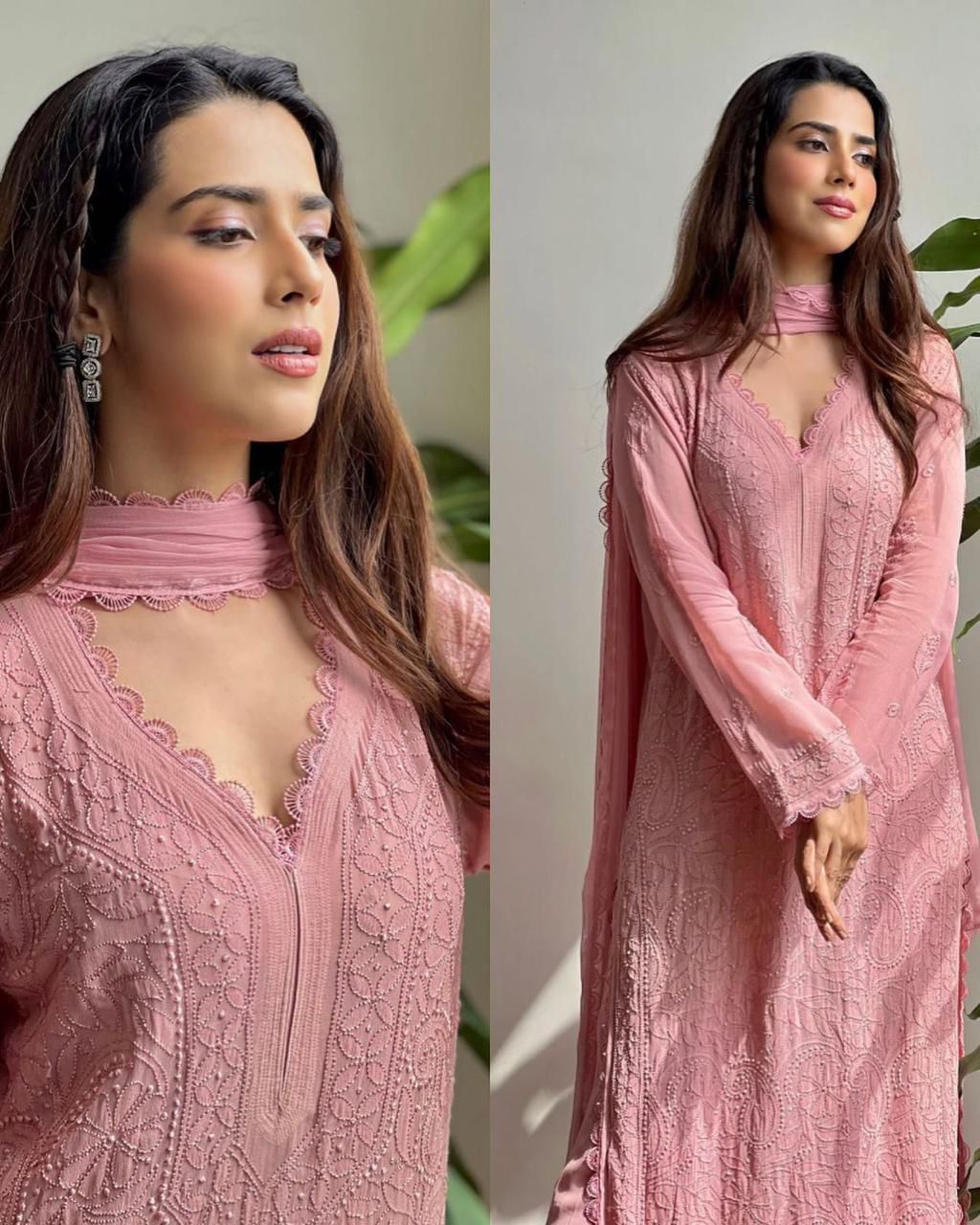 Georgette Chikankari Embroidery Kurta With Pant And Dupatta For Women