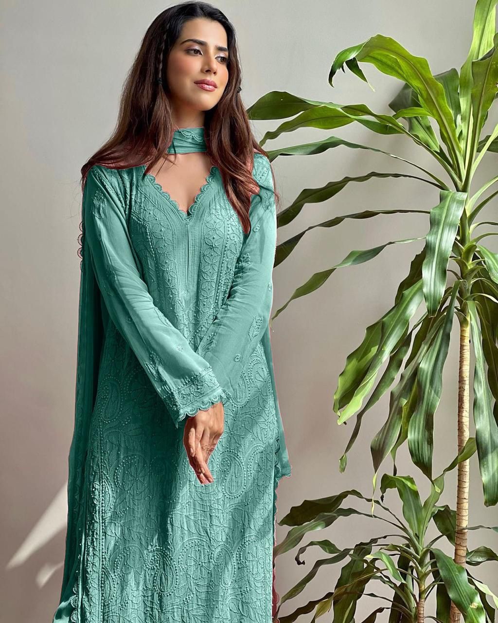 Georgette Chikankari Embroidery Kurta With Pant And Dupatta For Women