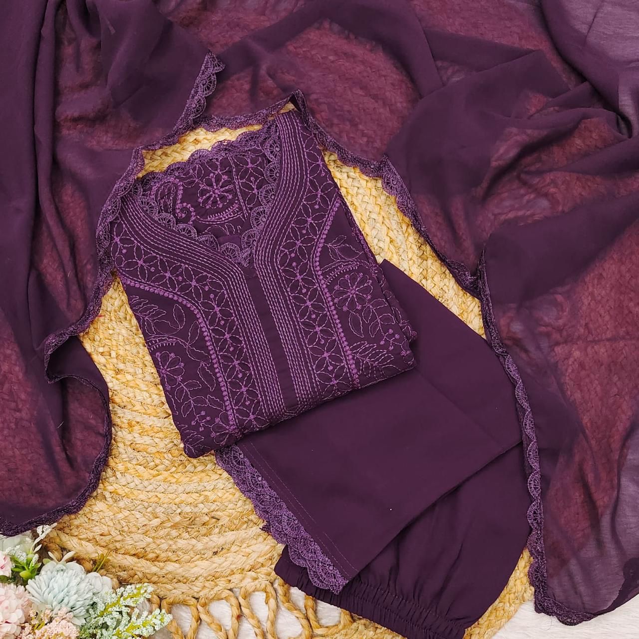 Georgette Chikankari Embroidery Kurta With Pant And Dupatta For Women